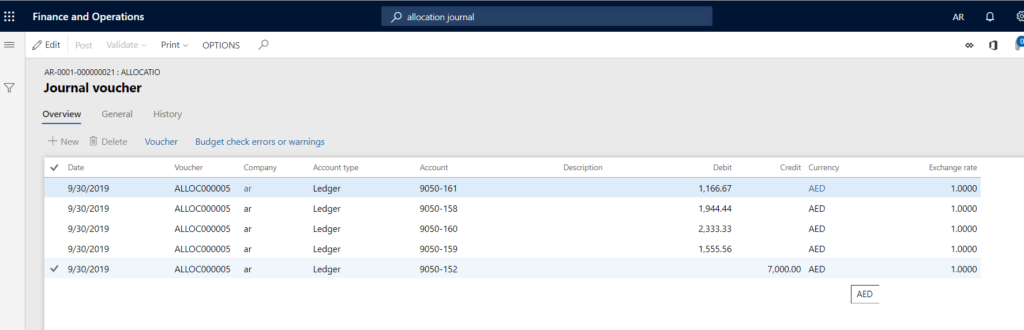 Ledger Allocation created in Dynamics 365 Finance and Operations