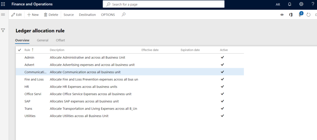 Overview section of Ledger Allocation Rule in D365 Finance and Operation