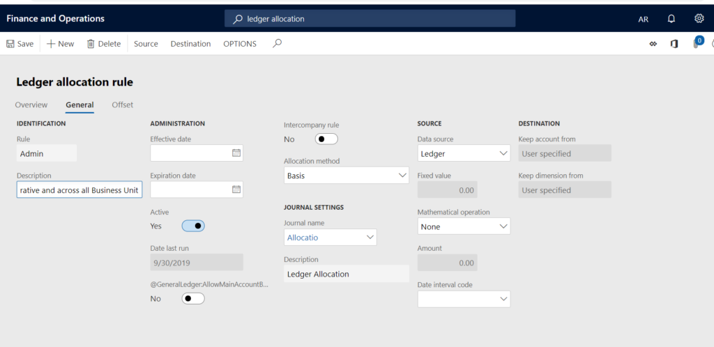 General section of Ledger Allocation Rule in D365 Finance and Operation