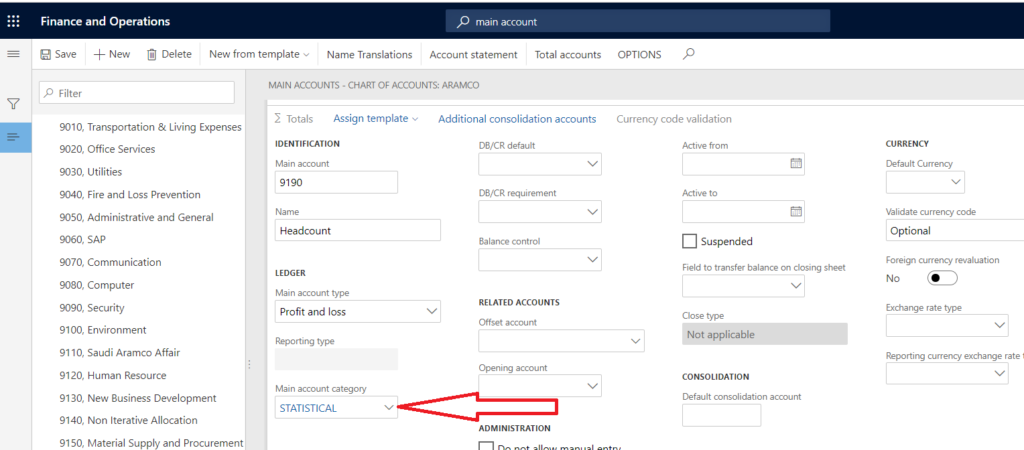 Main account category in D365 Finance and Operation